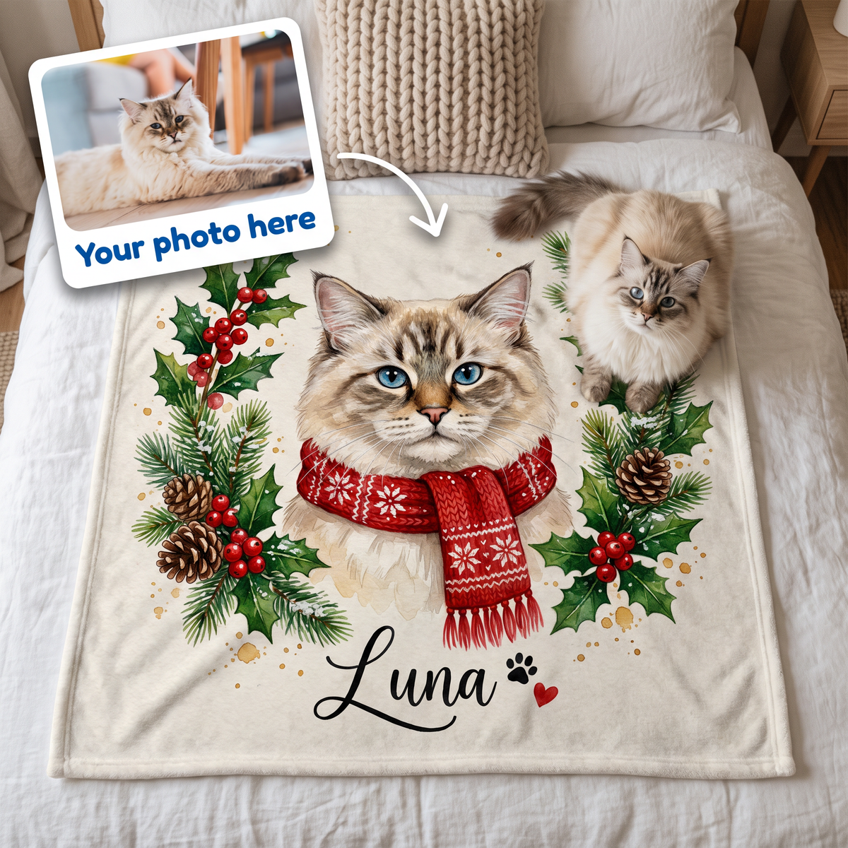 Your photo here - your pet's photo turned into a Christmas Holly Wreath portrait on a king size fleece blanket
