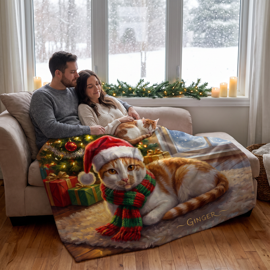 Christmas Santa Hat pet portrait fleece blanket in a cosy lifestyle setting