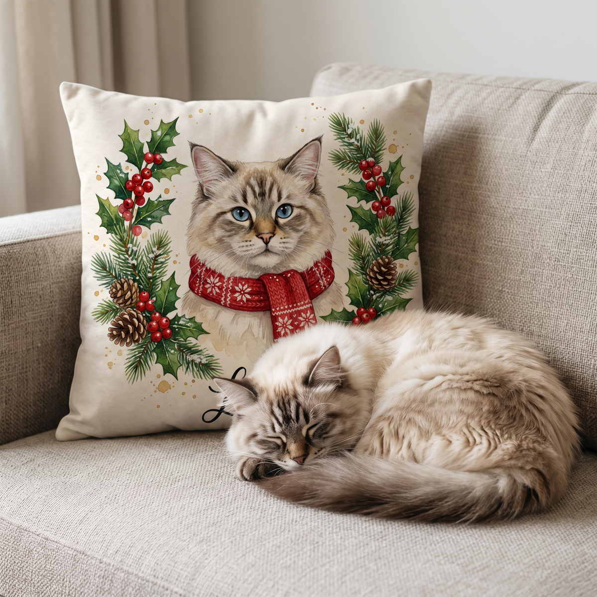 Christmas Holly Wreath personalised pet cushion with the real pet