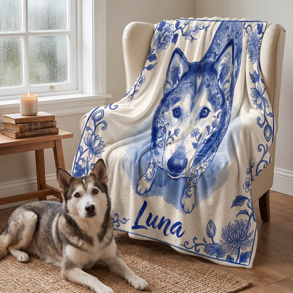 Husky portrait fleece blanket draped over an armchair with the husky on the rug