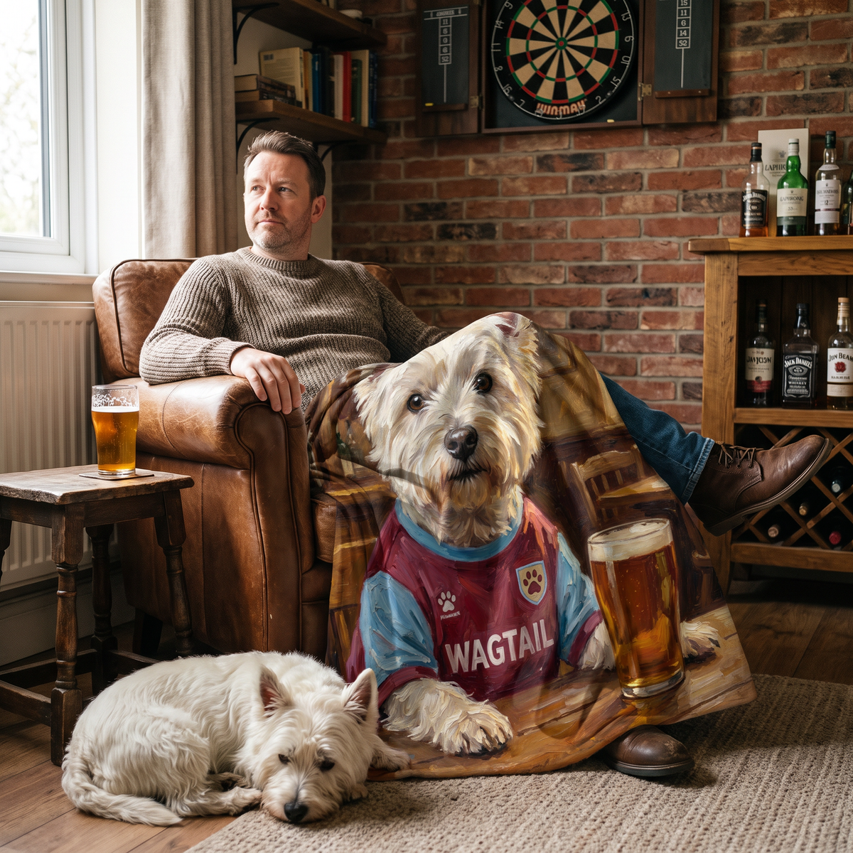 Westie Ham United pet portrait king size fleece throw being enjoyed