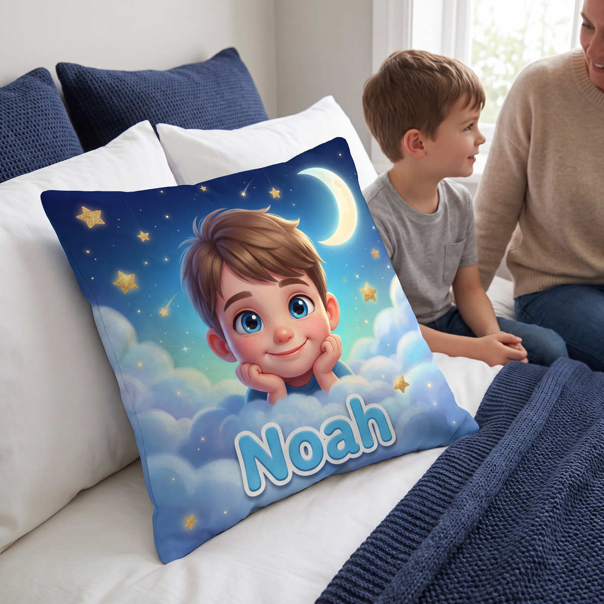 Dreamy Clouds Blue portrait cushion 45cm x 45cm in a family home