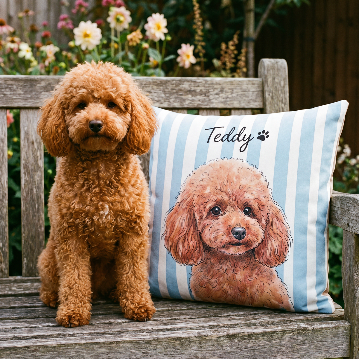 Striped personalised pet cushion with the real pet