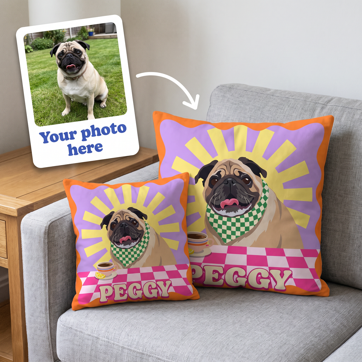 Your photo here - your pet's photo turned into a Fancy Pups Pop Art portrait on a personalised cushion