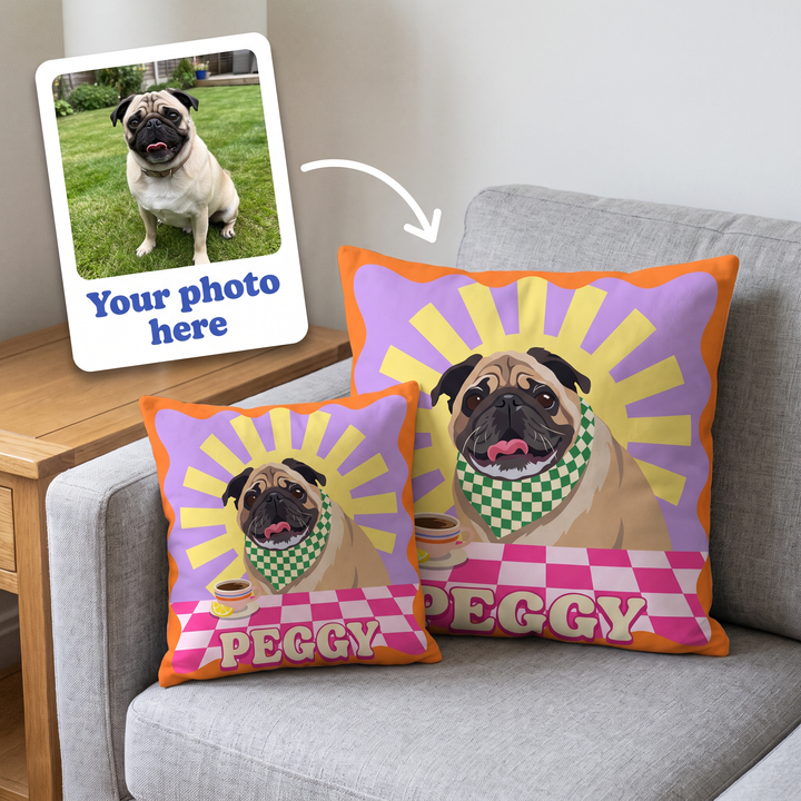 Your photo here - your pet's photo turned into a Fancy Pups Pop Art portrait on a personalised cushion