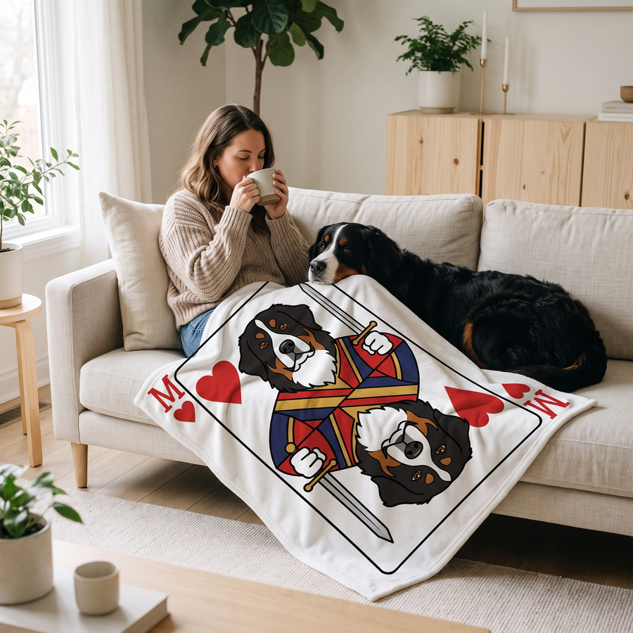 Playing Card pet portrait fleece blanket in a cosy lifestyle setting