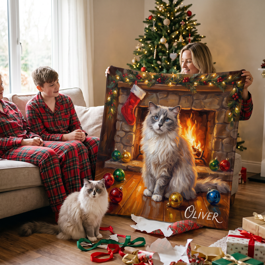 Christmas Fireside pet portrait fleece blanket in a cosy lifestyle setting