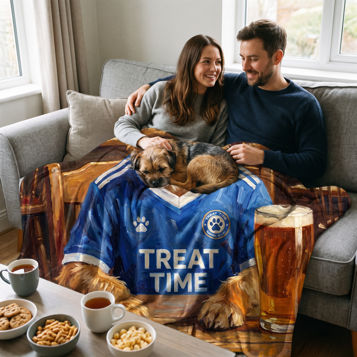 Peterton pet portrait fleece blanket in a cosy lifestyle setting