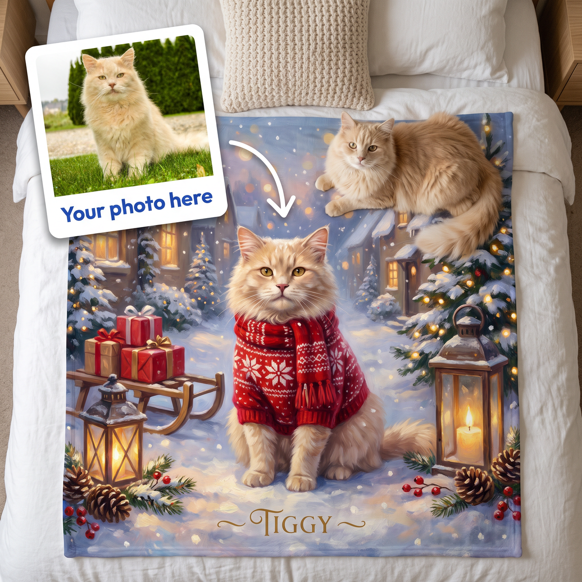 Your photo here - your pet's photo turned into a Christmas Snowy Village portrait on a king size fleece blanket