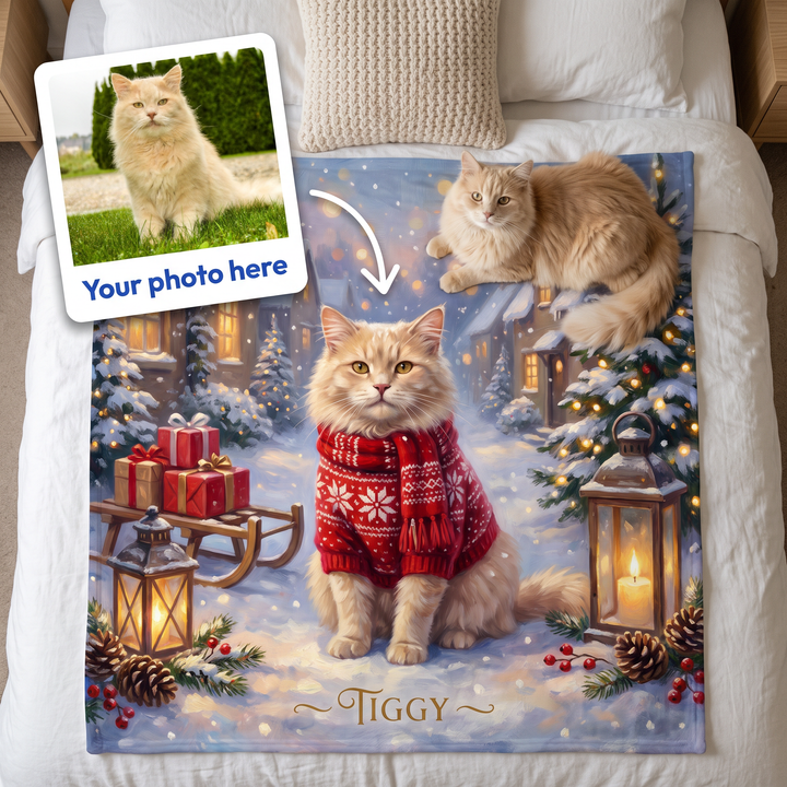 Your photo here - your pet's photo turned into a Christmas Snowy Village portrait on a king size fleece blanket