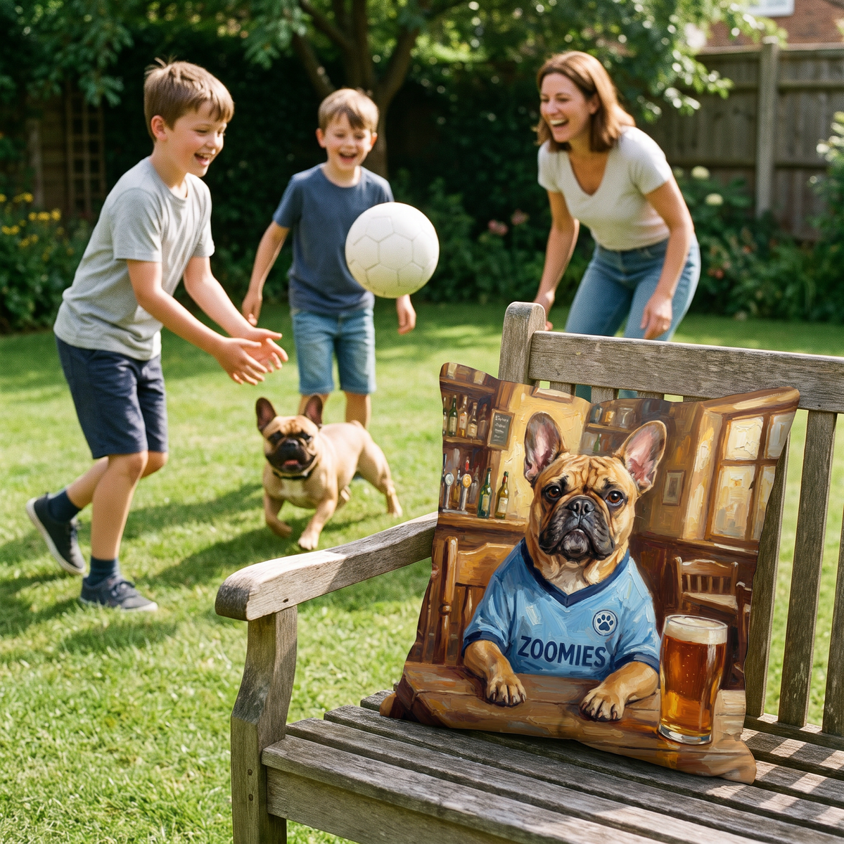 Pawchester City pet portrait cushion 45cm x 45cm in a family home with the real pet