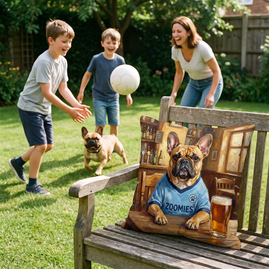 Pawchester City pet portrait cushion 45cm x 45cm in a family home with the real pet