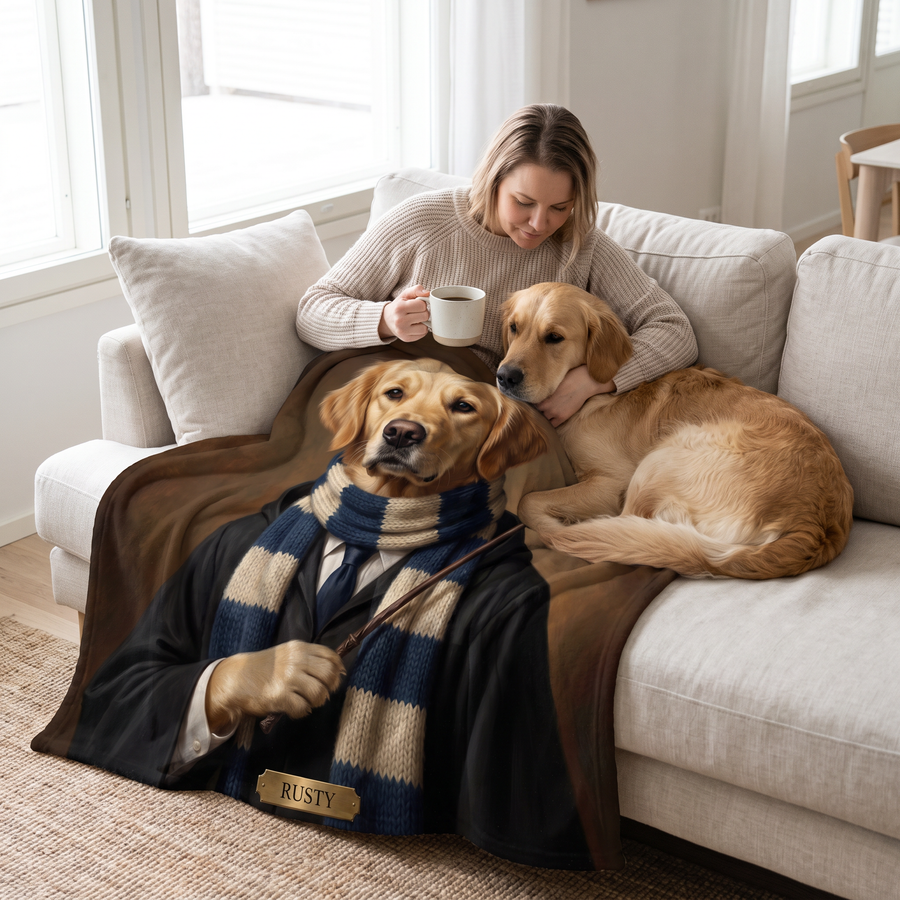 Wizard School pet portrait fleece blanket in a cosy lifestyle setting