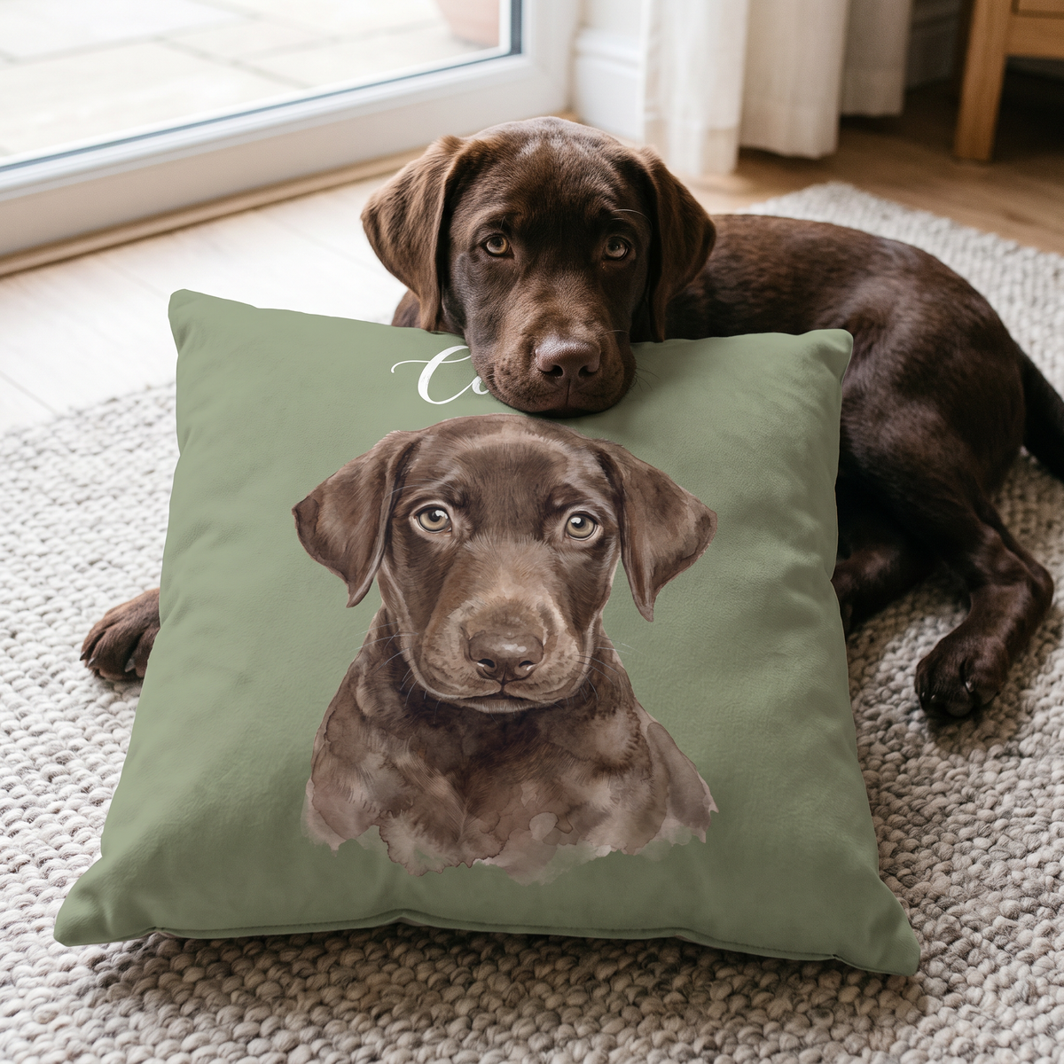 Watercolour personalised pet cushion with the real pet