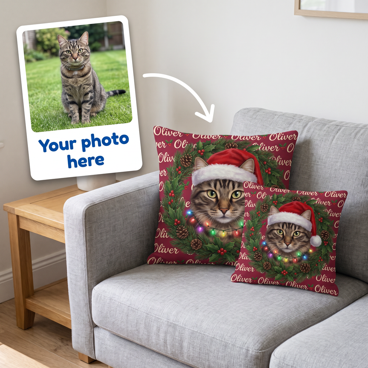 Your photo here - your pet's photo turned into a Christmas Wreath portrait on a personalised cushion
