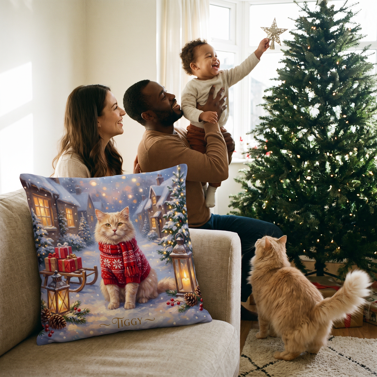 Christmas Snowy Village pet portrait cushion 45cm x 45cm in a family home with the real pet