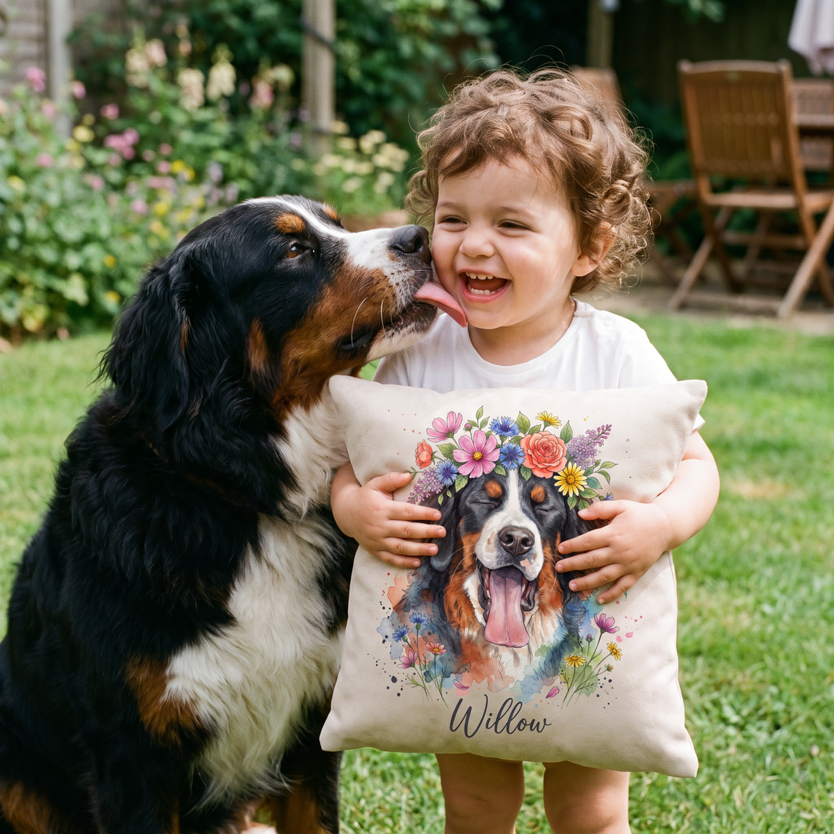 Flower Crown pet portrait cushion 26cm x 26cm being enjoyed at home