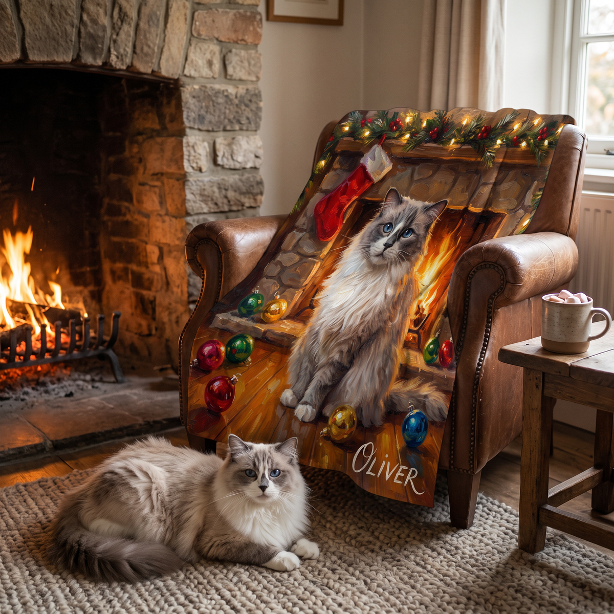 Christmas Fireside personalised pet blanket at home with the real pet