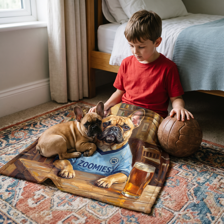 Lap size 75cm x 75cm Pawchester City pet portrait blanket