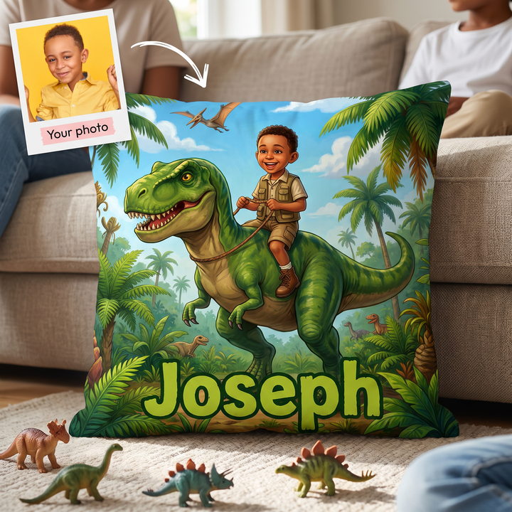 Your photo here - your child's photo turned into a Dino Rider portrait on a personalised cushion
