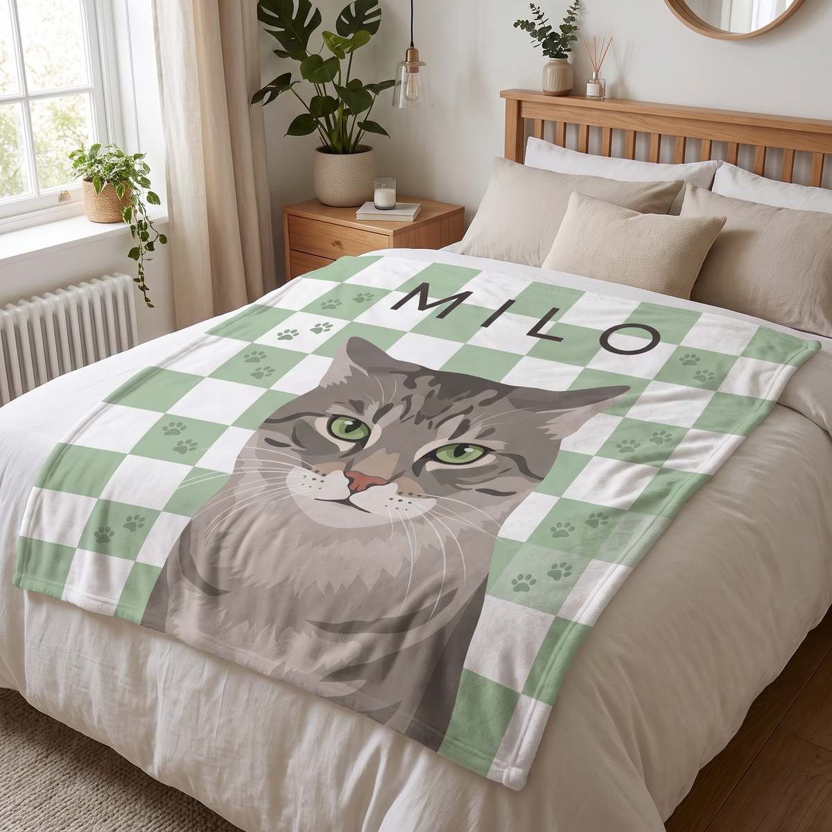Paw Print Checkerboard portrait fleece blanket in a cosy lifestyle setting