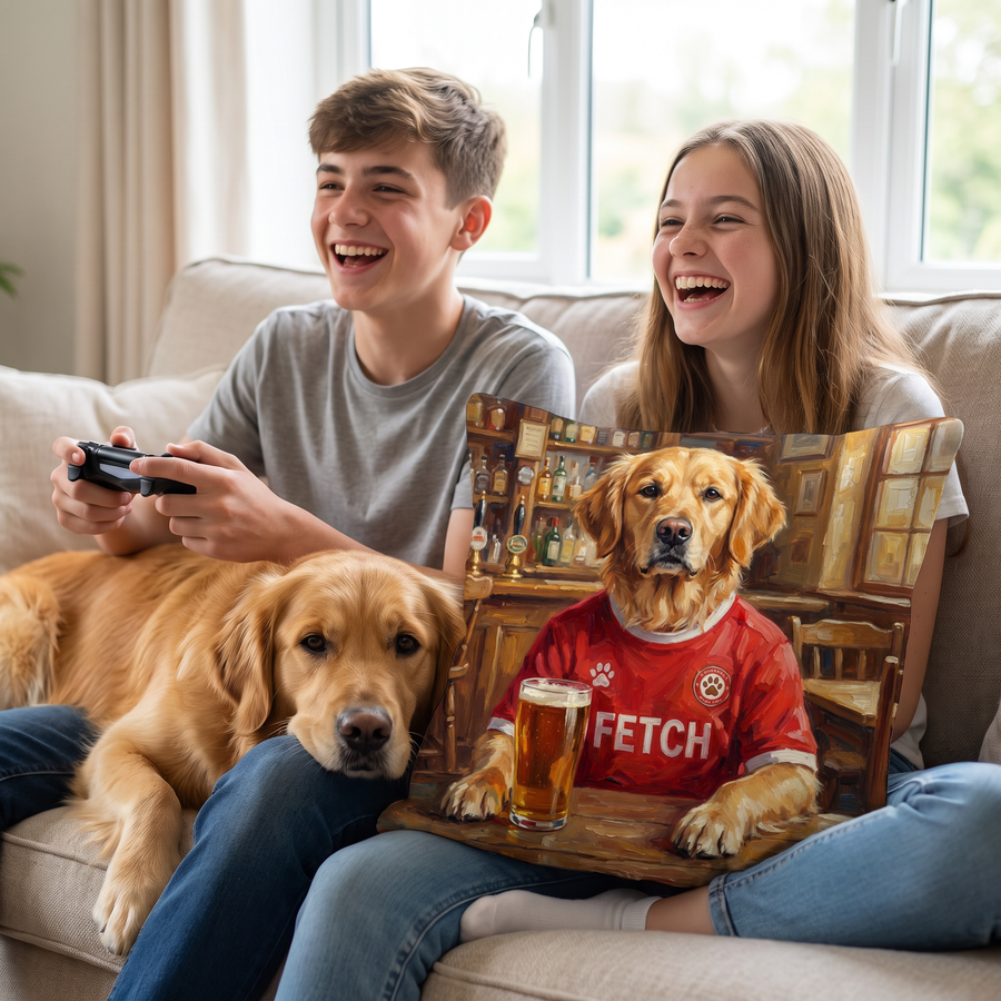 Liverpaw pet portrait cushion 45cm x 45cm in a family home with the real pet
