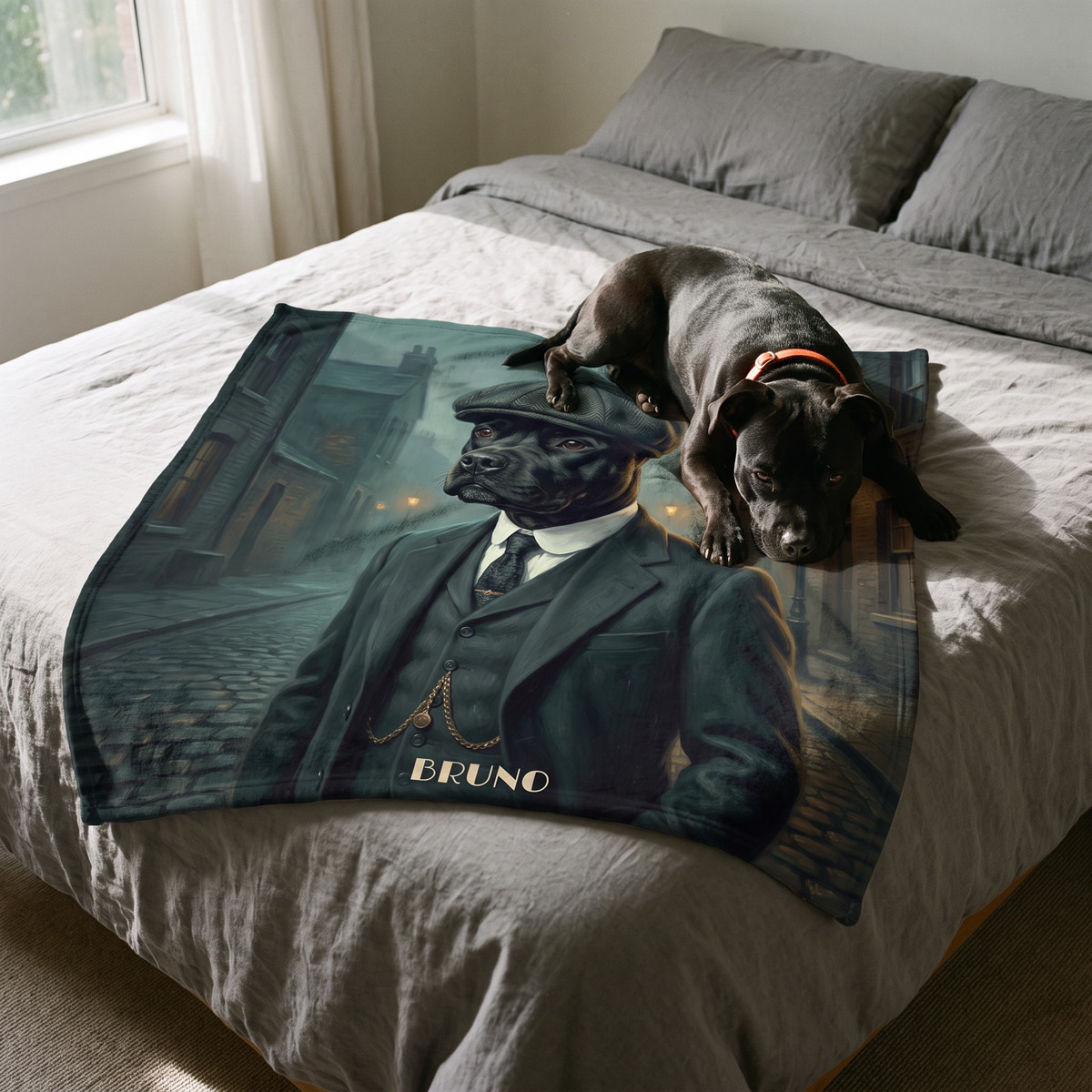 1920s Flat Cap personalised pet blanket at home with the real pet
