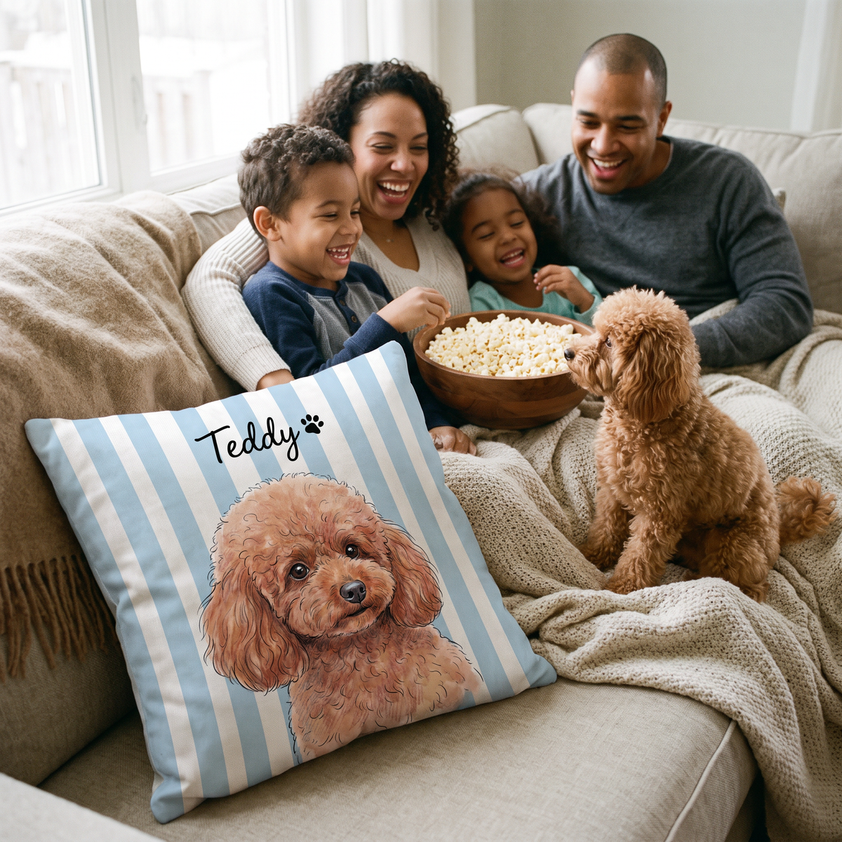 Striped pet portrait cushion 45cm x 45cm in a family home with the real pet