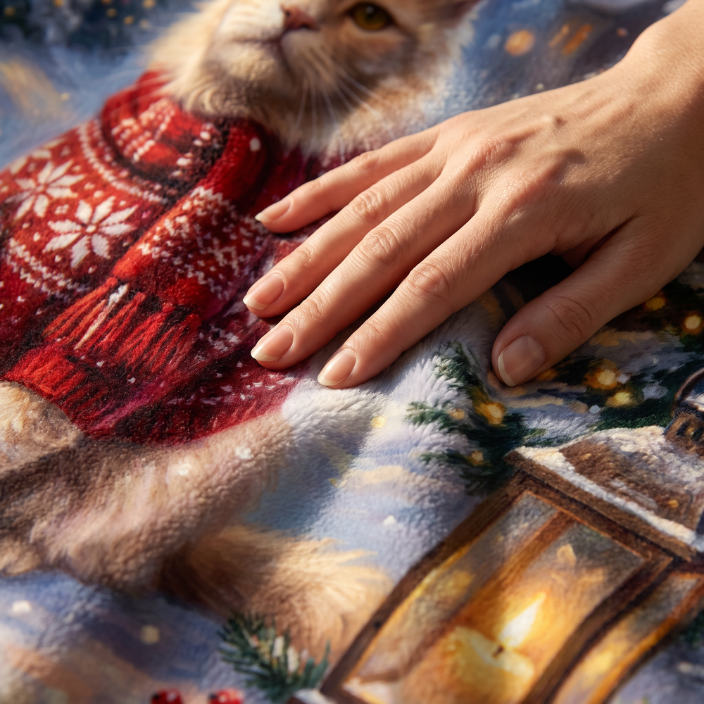 Close up of a hand on the ultra soft plush fleece showing the Christmas Snowy Village print