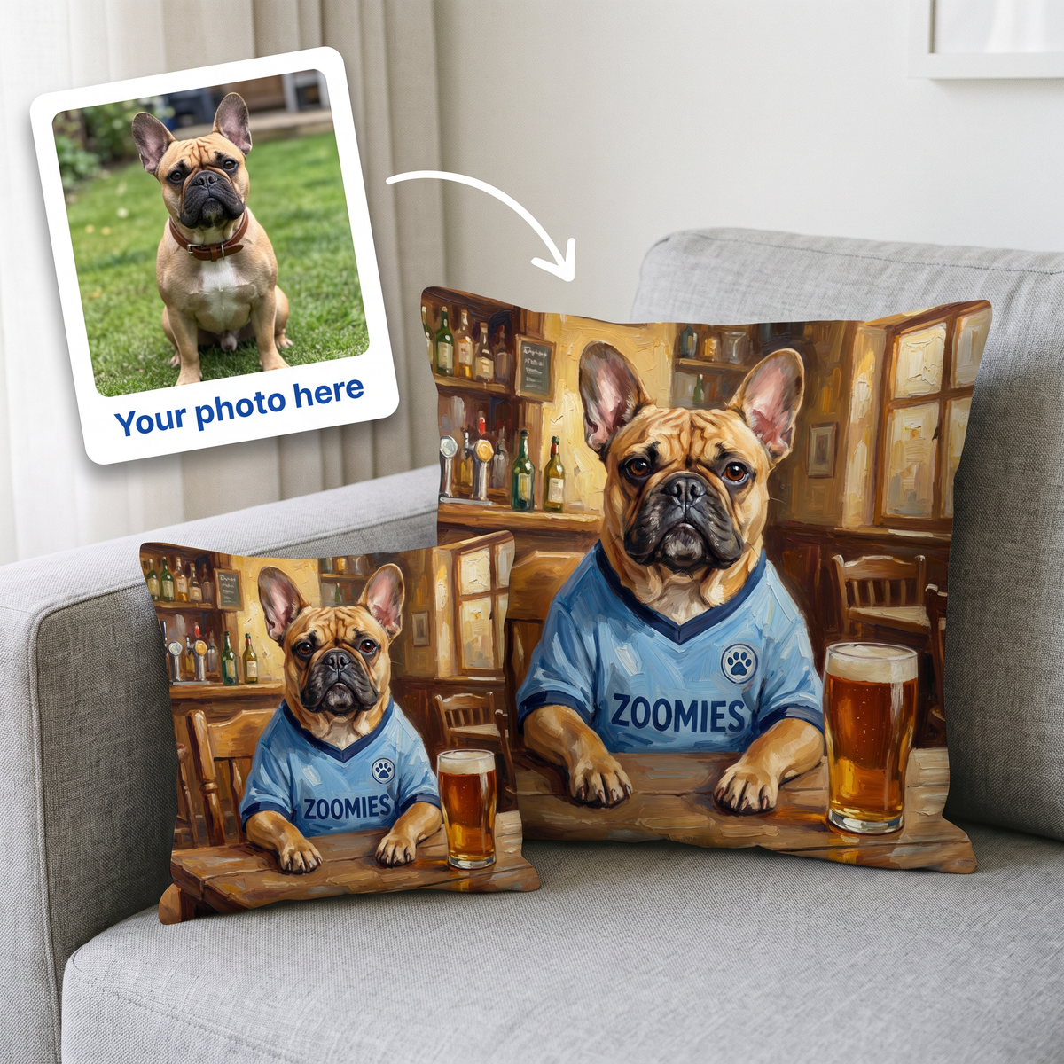 Your photo here - your pet's photo turned into a Pawchester City portrait on a personalised cushion