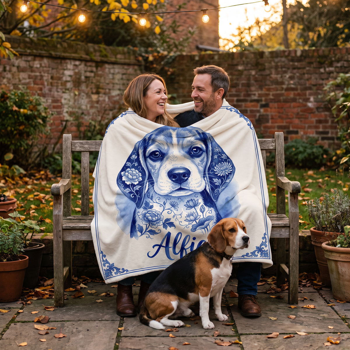 Couple wrapped in a beagle portrait fleece blanket in the garden at dusk