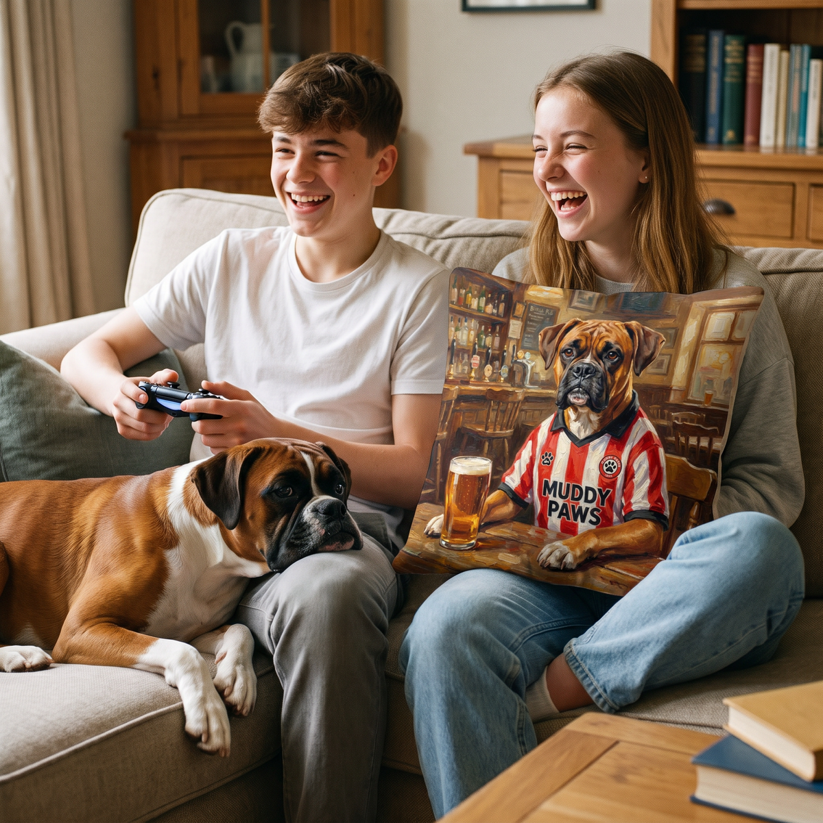 Sniffderland pet portrait cushion 45cm x 45cm in a family home with the real pet