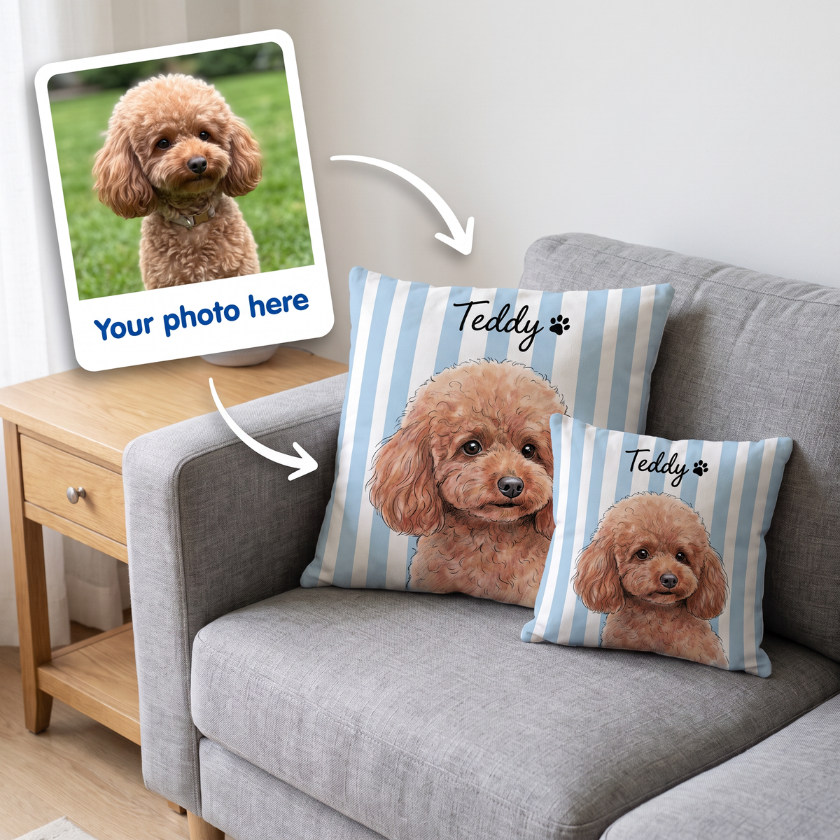 Your photo here - your pet's photo turned into a Striped portrait on a personalised cushion
