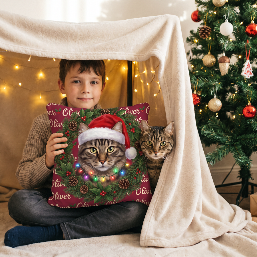 Christmas Wreath pet portrait cushion 26cm x 26cm being enjoyed at home