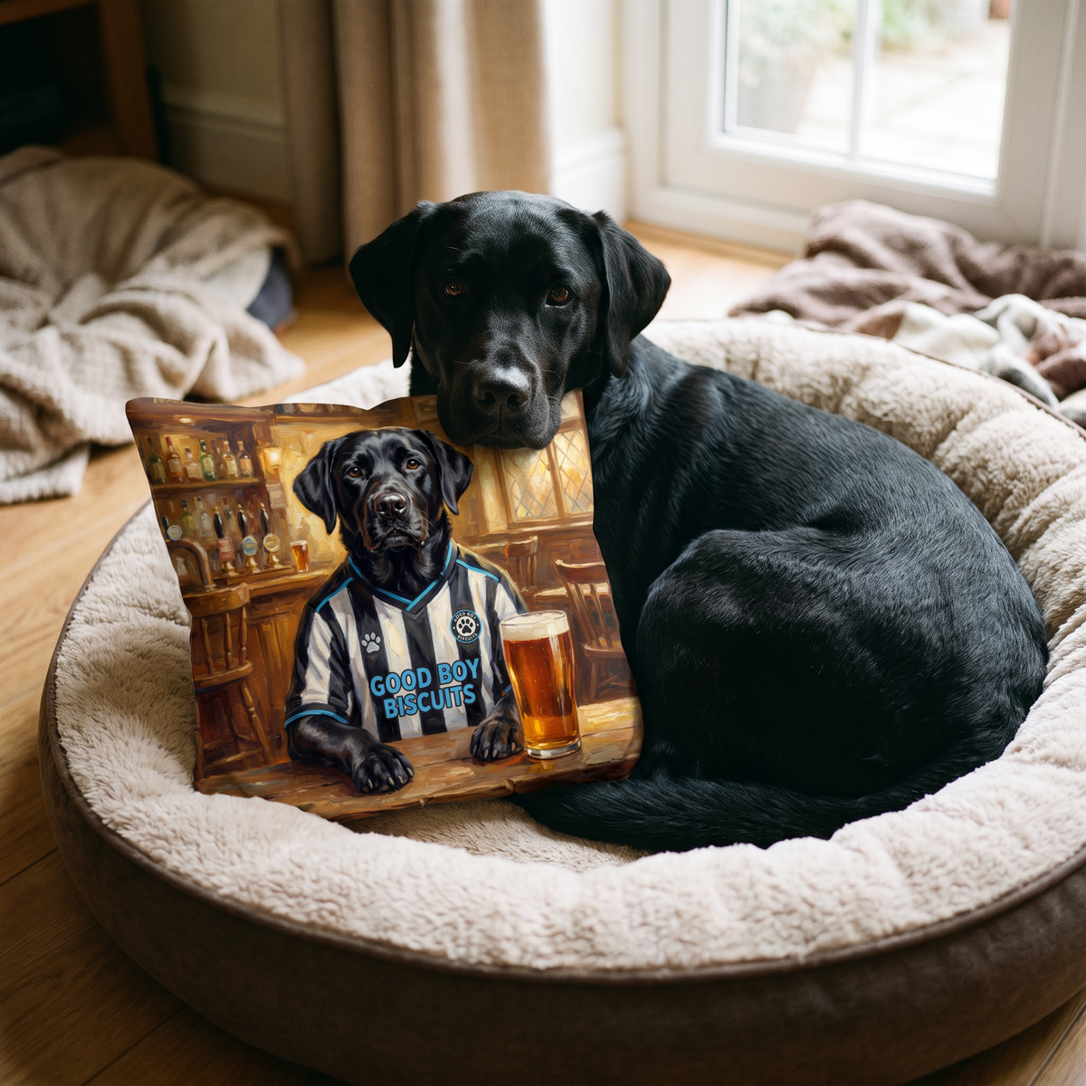 Petcastle United personalised pet cushion with the real pet