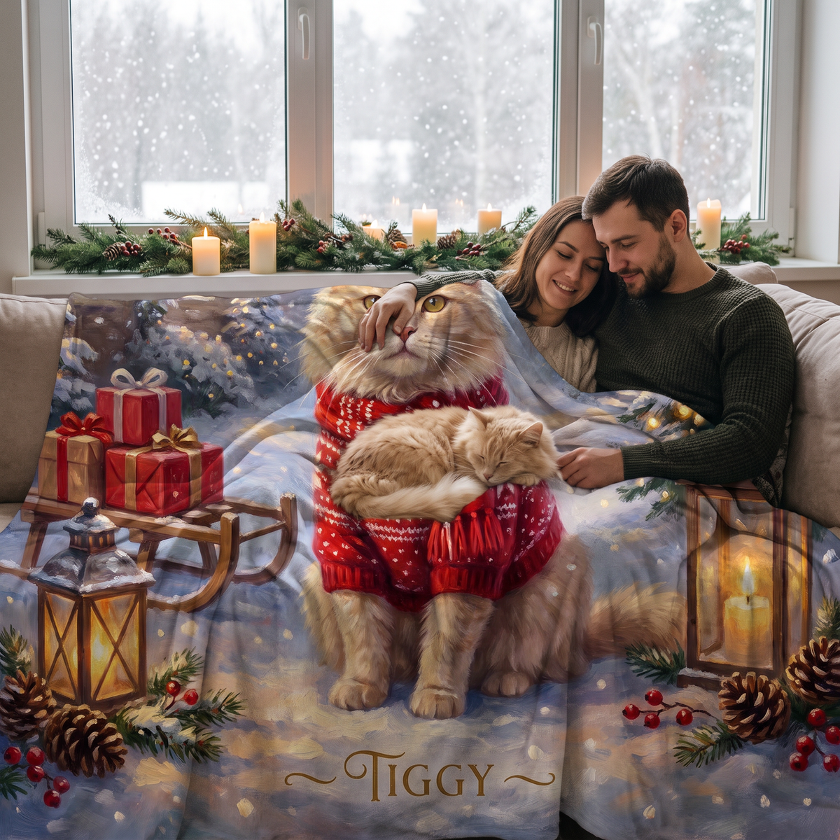 Christmas Snowy Village pet portrait fleece blanket in a cosy lifestyle setting