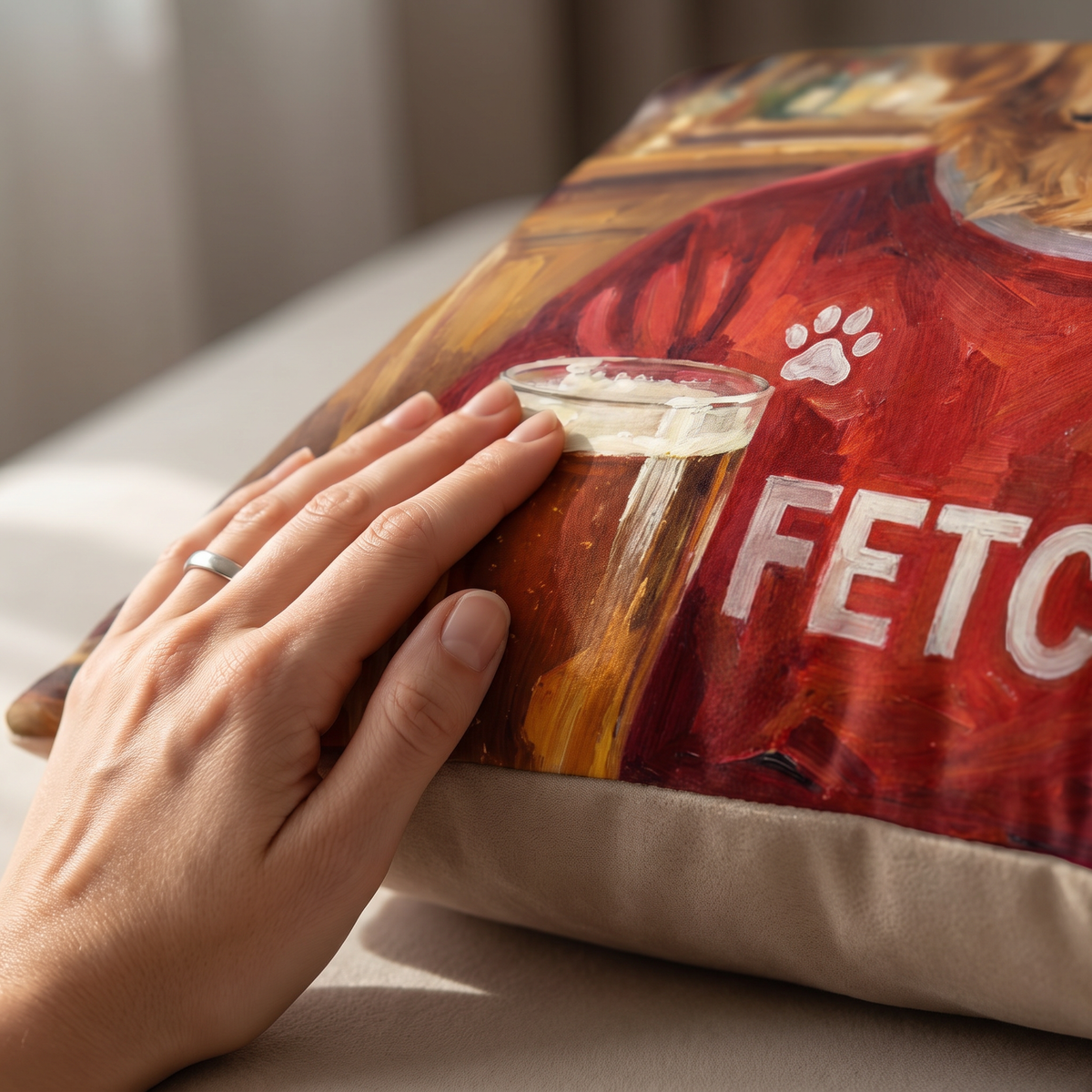 Close up of a hand on the soft-touch faux suede showing the Liverpaw print