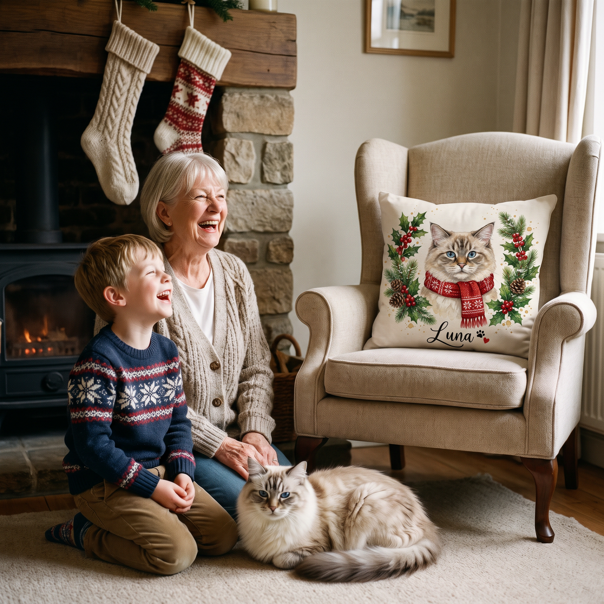 Christmas Holly Wreath pet portrait cushion 45cm x 45cm in a family home with the real pet