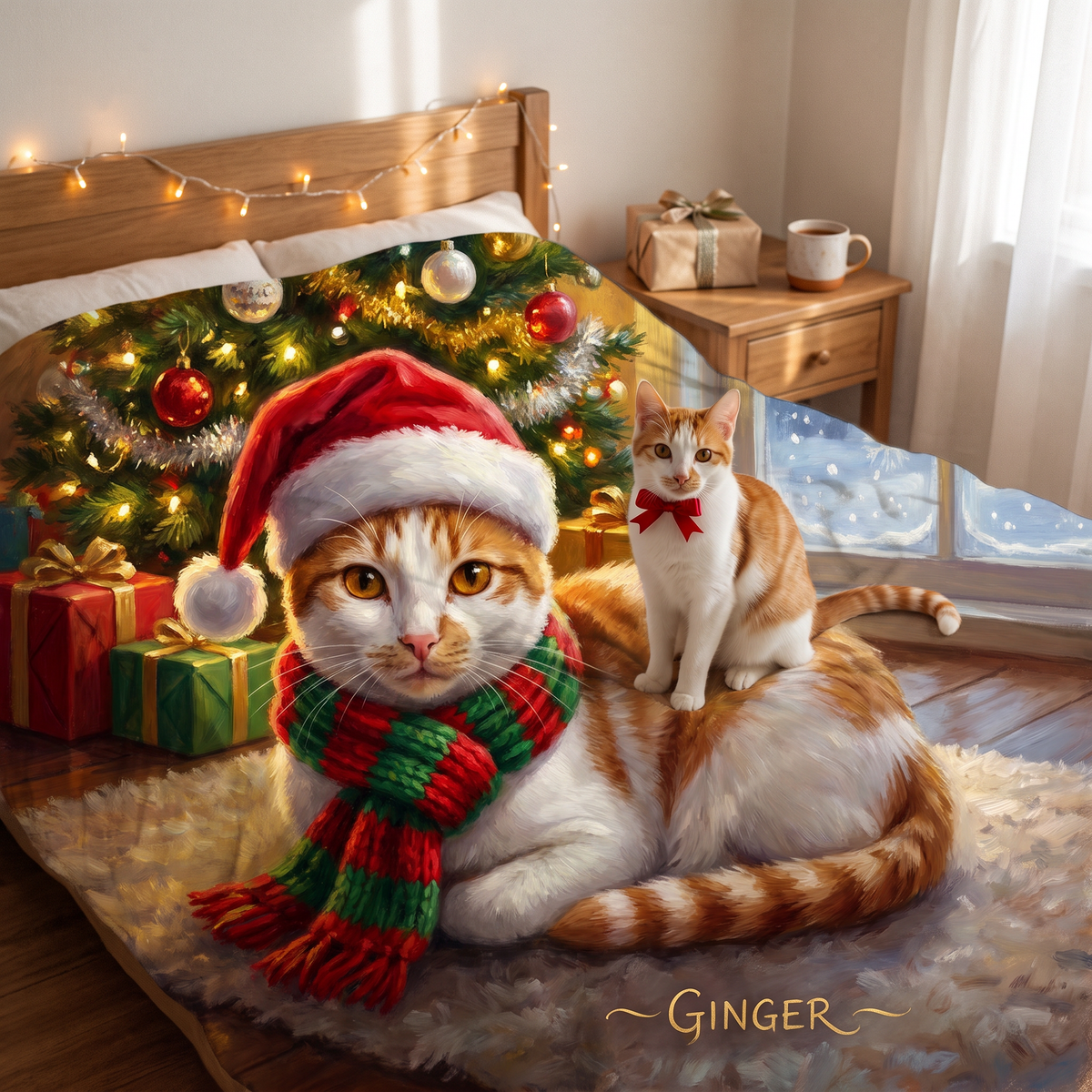 Christmas Santa Hat pet portrait king size fleece throw being enjoyed
