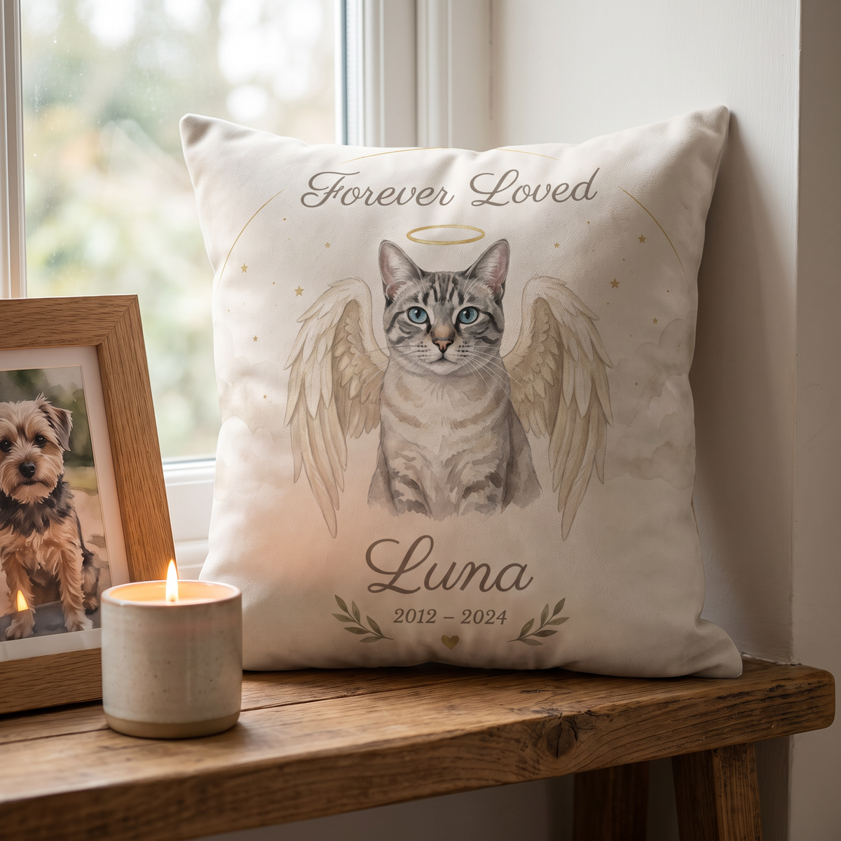 Angel Wings Memorial portrait cushion 26cm x 26cm being enjoyed at home