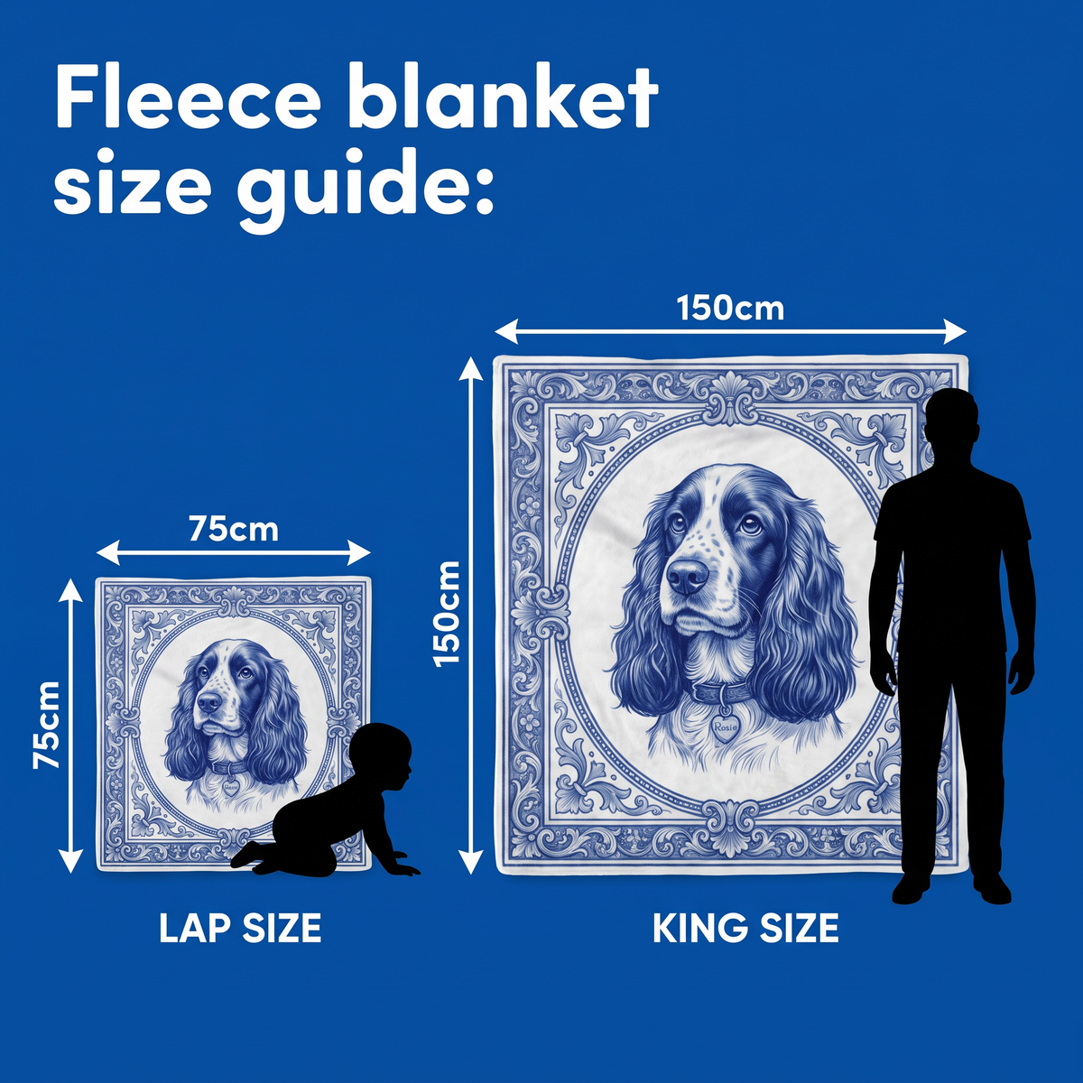 Fleece blanket size guide - Lap Size 75cm x 75cm and King Size 150cm x 150cm
