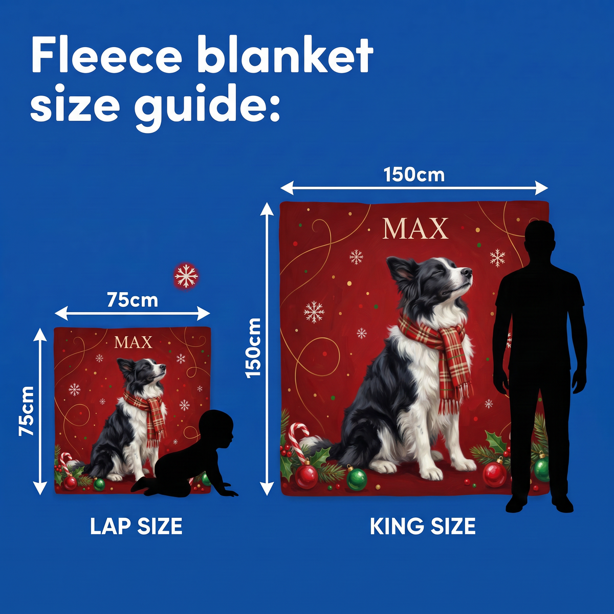 Fleece blanket size guide - Lap Size 75cm x 75cm and King Size 150cm x 150cm