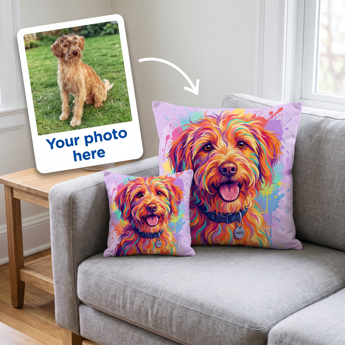 Your photo here - your pet's photo turned into a Paint Splash portrait on a personalised cushion
