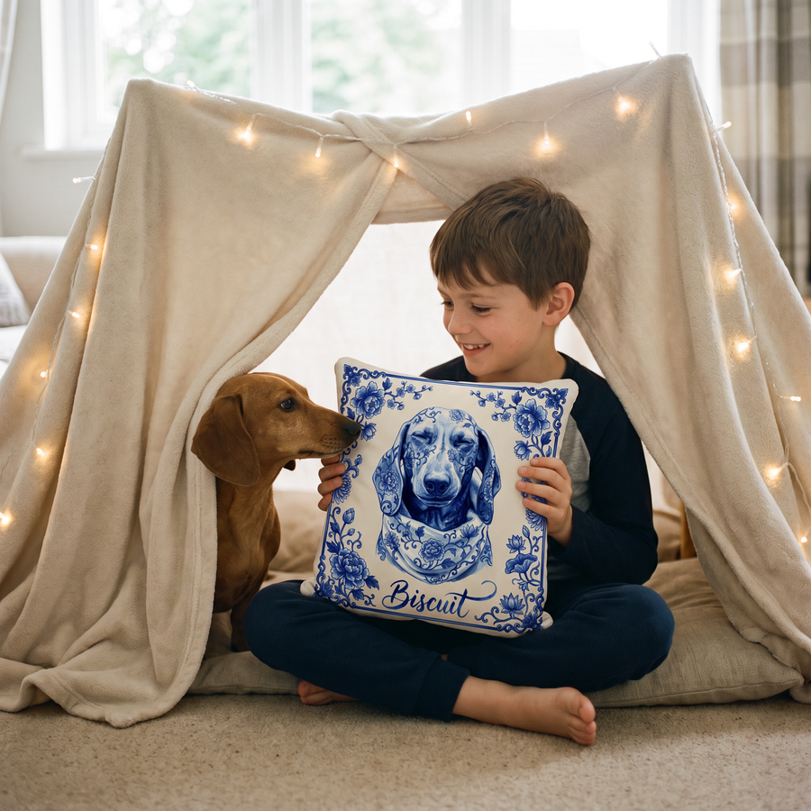 Porcelain pet portrait cushion 26cm x 26cm being enjoyed at home
