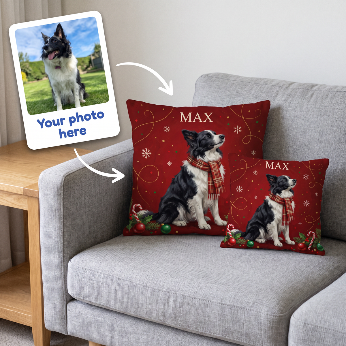Your photo here - your pet's photo turned into a Christmas Tartan Scarf portrait on a personalised cushion