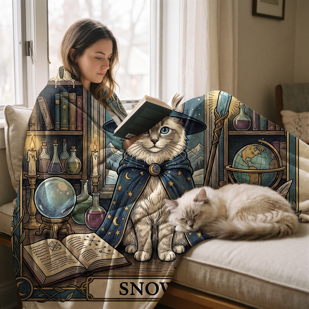Tarot Card personalised pet blanket at home with the real pet