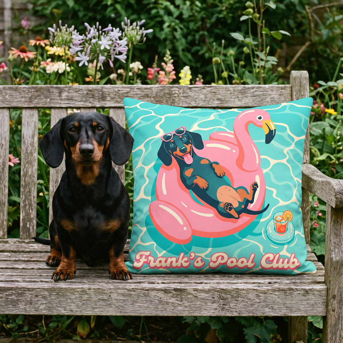 Pool Club personalised pet cushion with the real pet