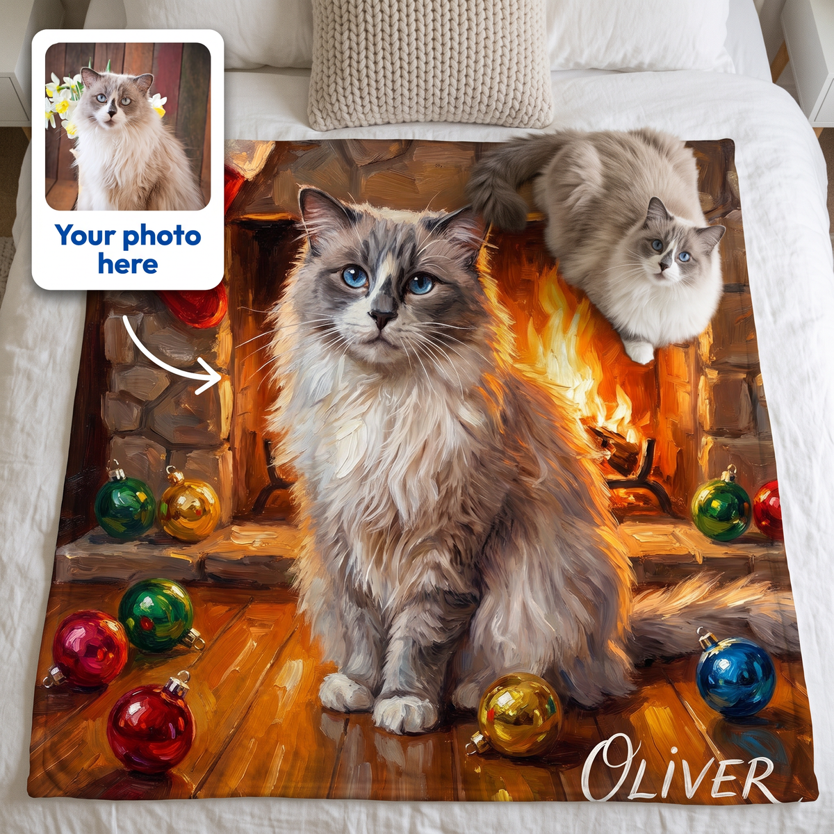 Your photo here - your pet's photo turned into a Christmas Fireside portrait on a king size fleece blanket