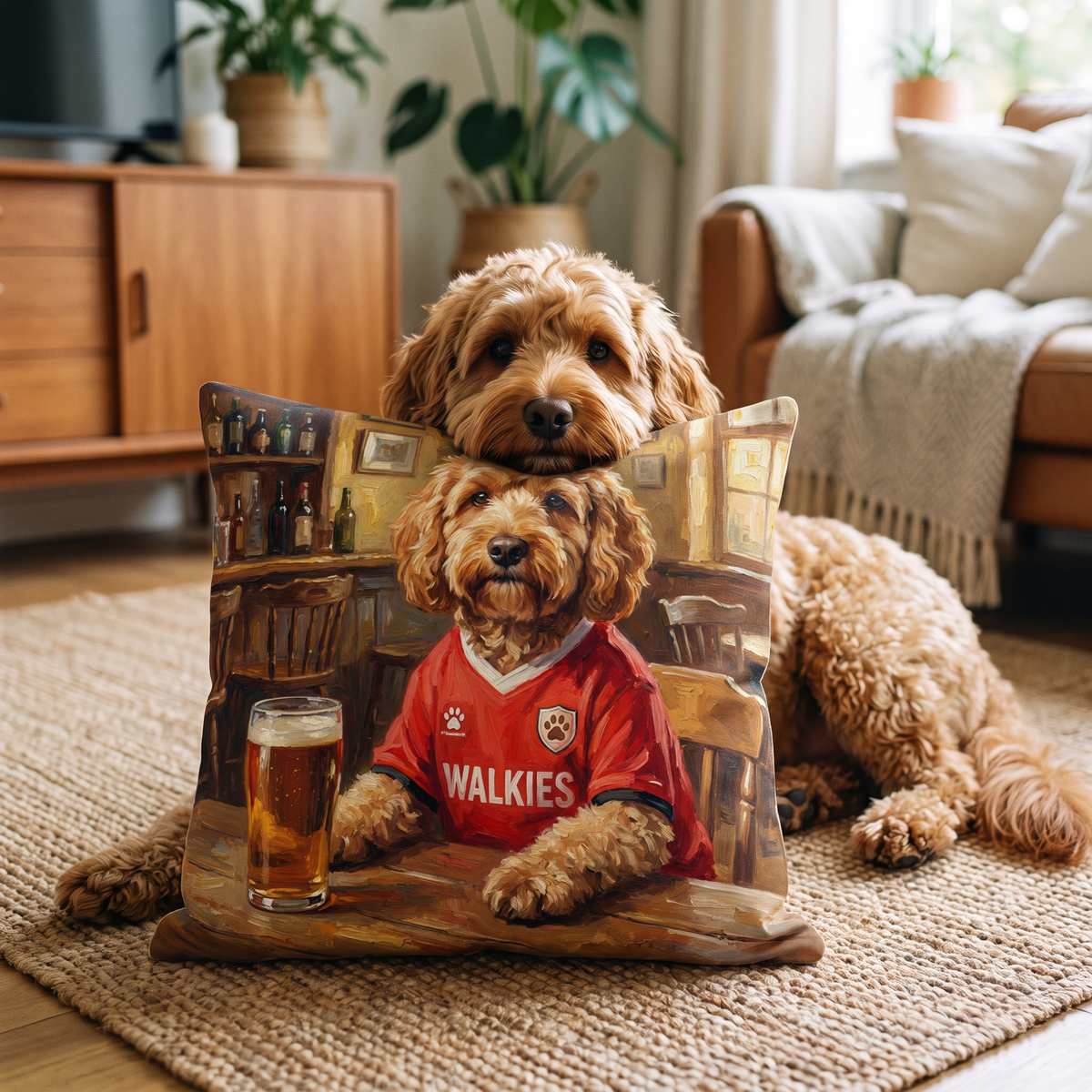 Petchester United personalised pet cushion with the real pet