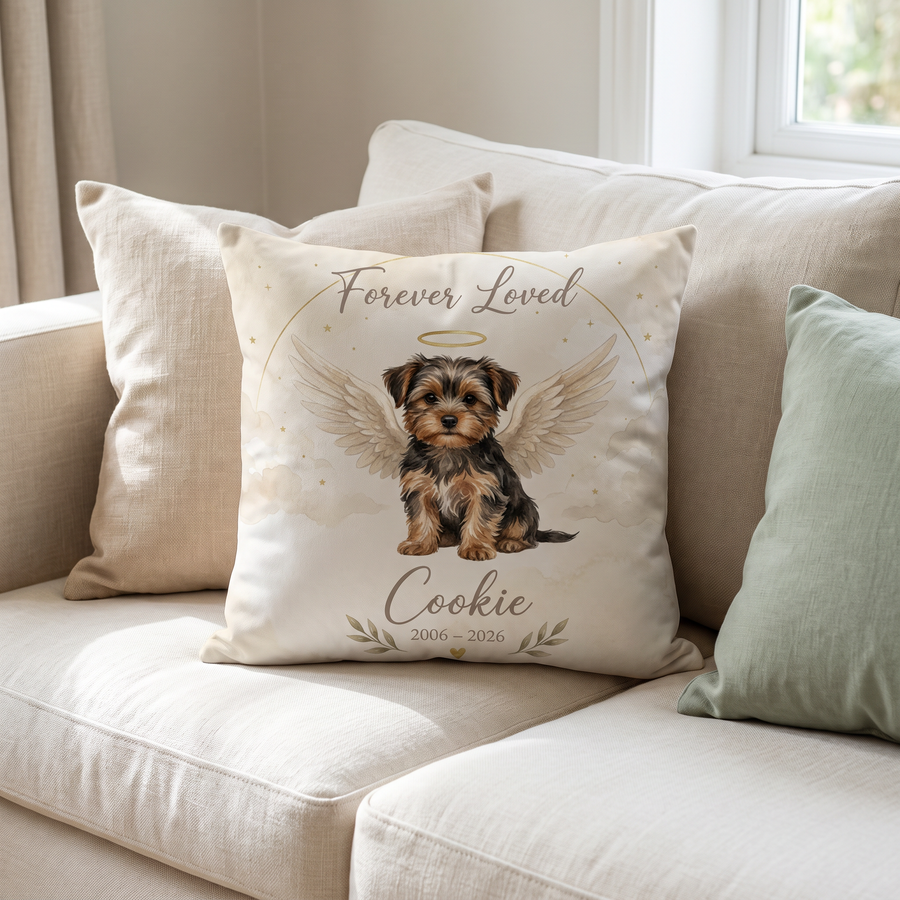 Angel Wings Memorial portrait cushion 45cm x 45cm in a family home